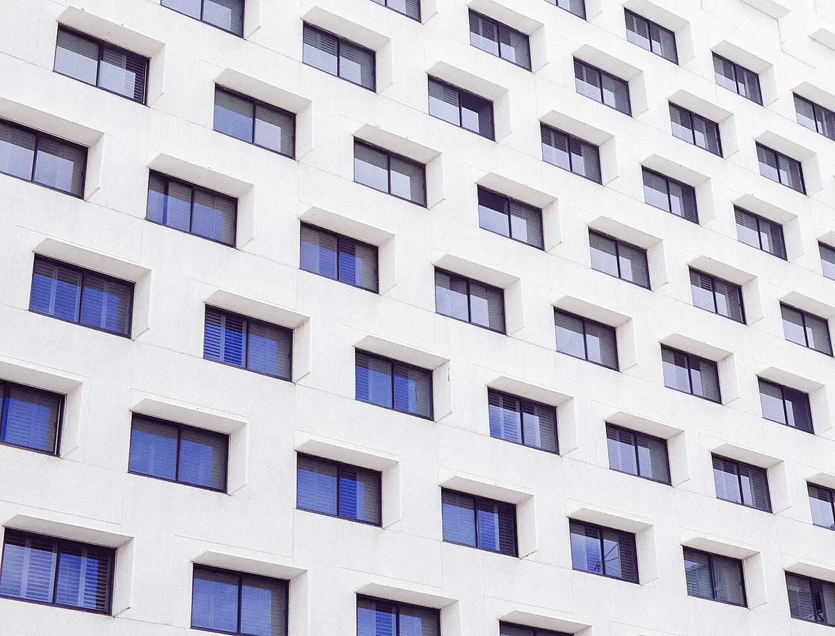 Hotel building exterior with through-wall PTAC units