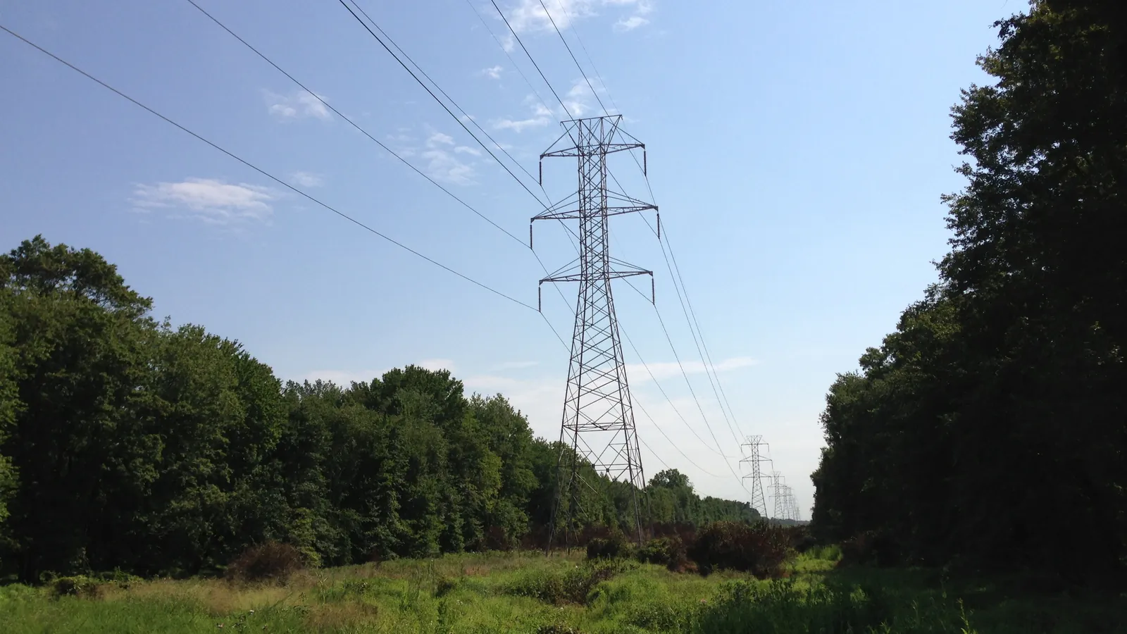 High-voltage power lines in Lawrence, New Jersey, the grid that carries power from third-party energy suppliers in NJ